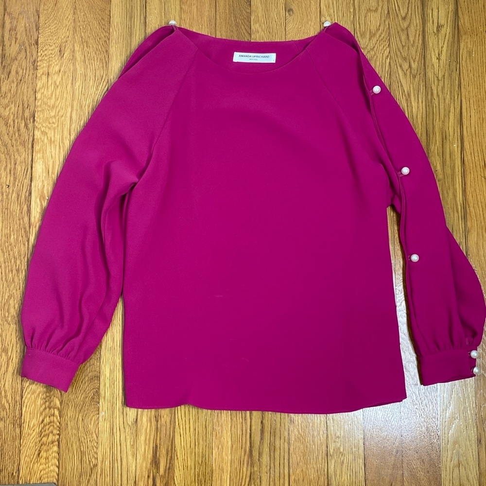 Amanda Uprichard Fuchsia Pearl-Trim Long Sleeve Blouse